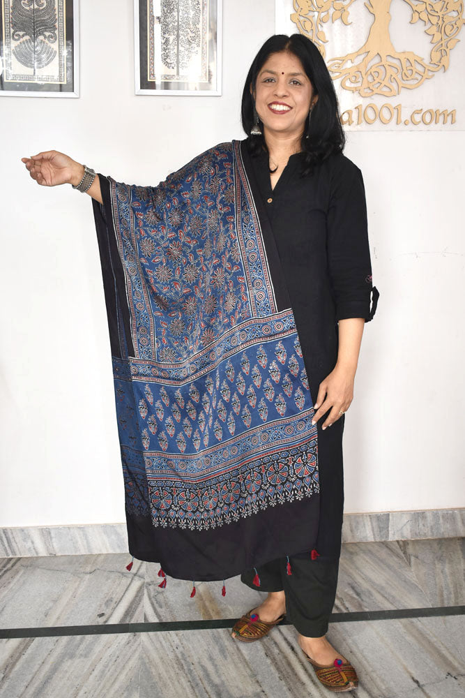 Beautiful Hand Block Printed Ajrakh Modal Silk stole with Tassels