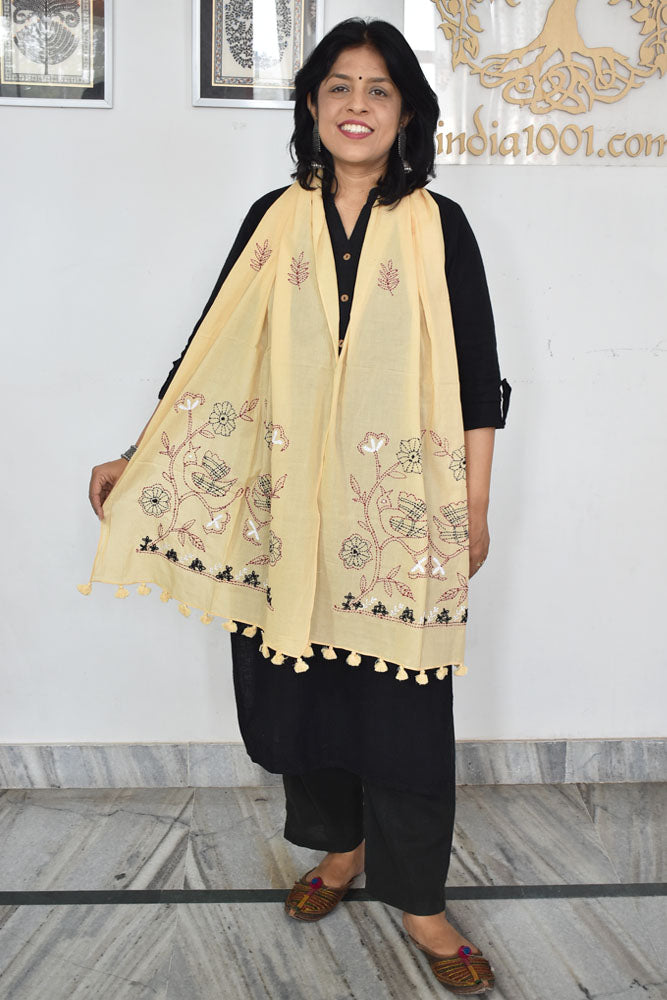 Beautiful Soft Cotton Voile Stole with Kantha work & hand embroidery & tassels