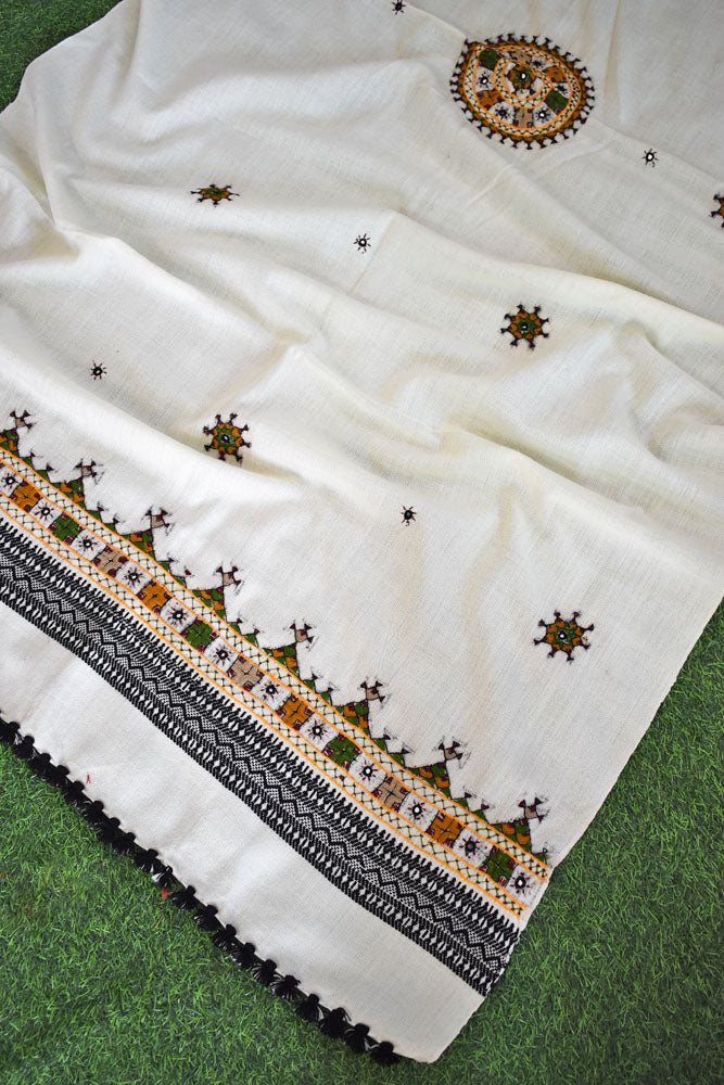 Handwoven Bhujodi Intricate Hand Embroidery & Hand  Mirror Work Woolen  Shawl