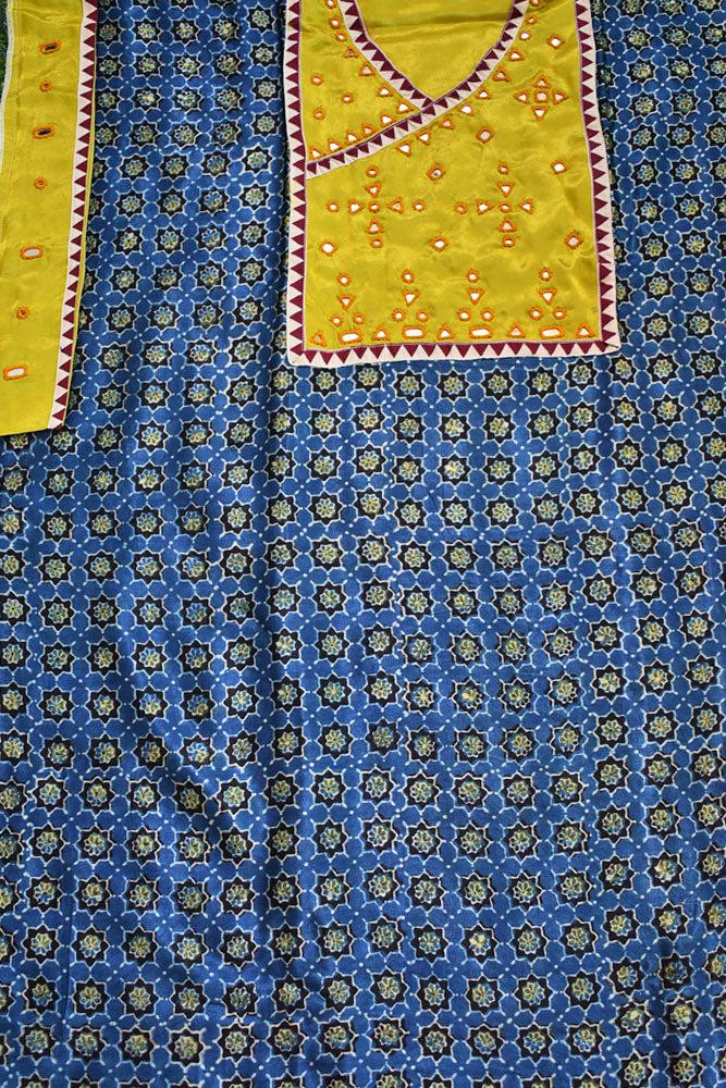 Designer Ajrakh Mashru Kurta Fabric with Kutch Mirror Work patch