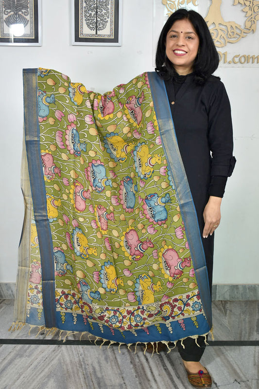 Beautiful Bangalore Cotton Silk Hand Painted Kalamkari Dupatta