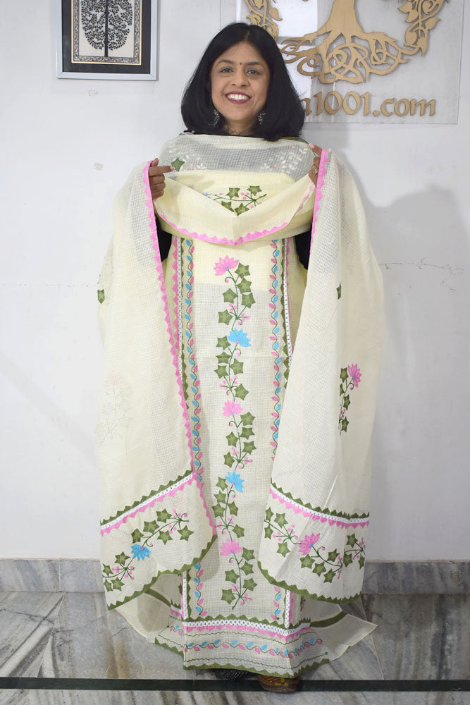 Elegant Kota Unstitched Kurta & Dupatta set with Hand done Phool patti work and Applique border