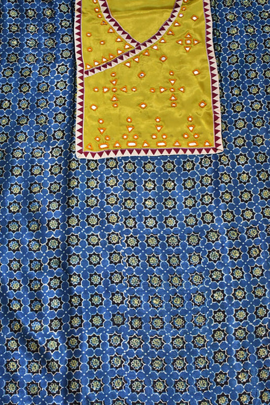 Designer Ajrakh Mashru Kurta Fabric with Kutch Mirror Work patch