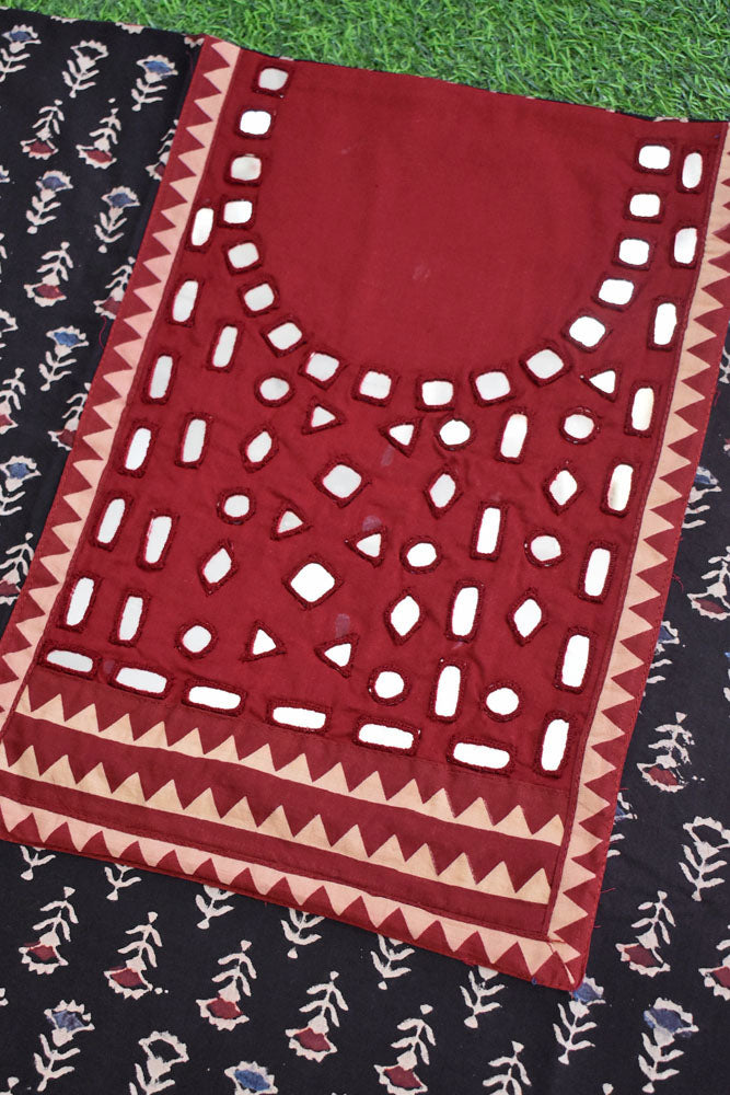 Designer Ajrakh Cotton Short Kurta Fabric with Kutch Mirror Work patch