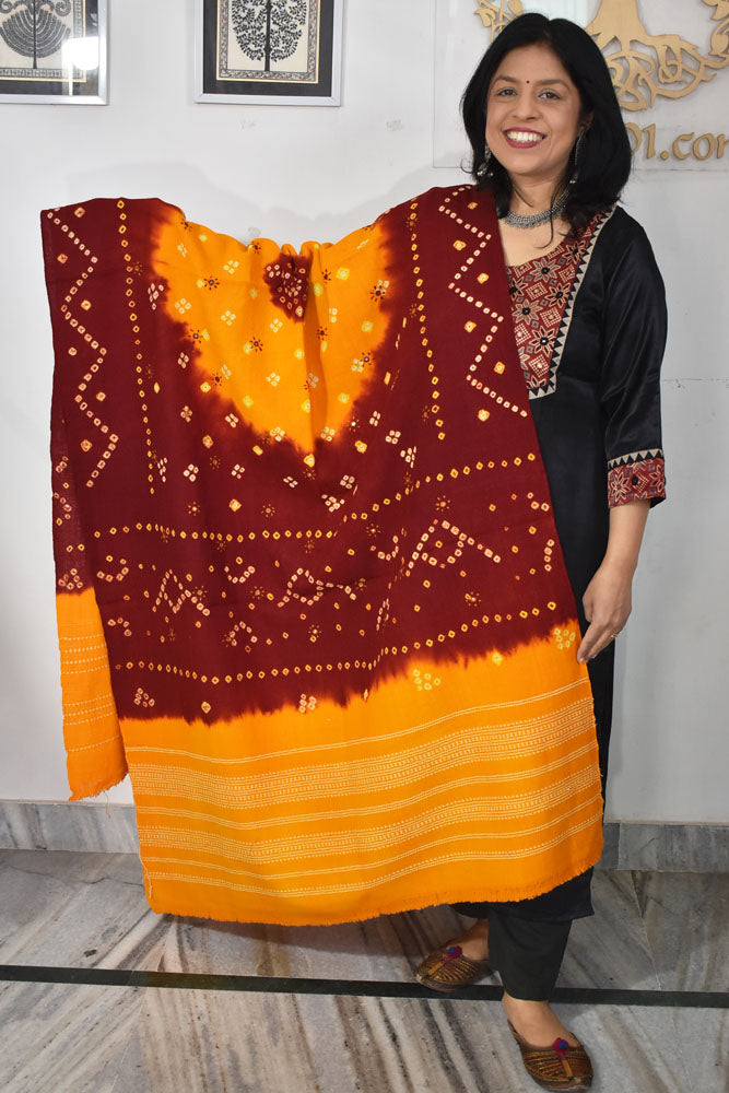 Handwoven Bhujodi Stole / Shawl with Tie Dye Bandhani & Mirror work