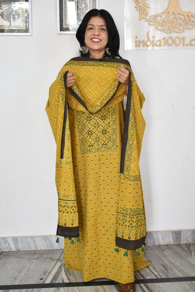 Block Print Ajrakh Cotton Suit with designer Ajrakh neck yoke /panel & Long Stole