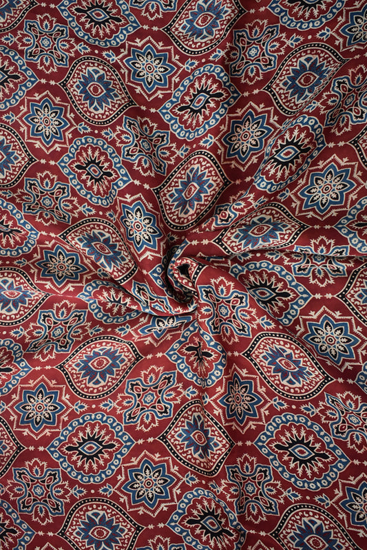 Beautiful Modal Silk Ajrakh Hand Block Print Fabric - 2.5 mtrs cut