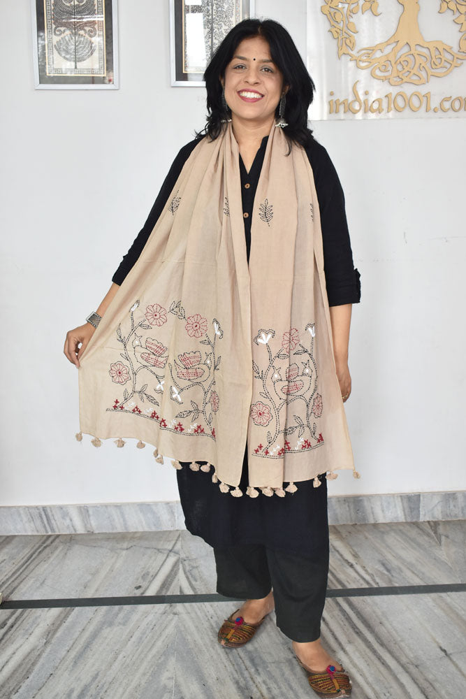 Beautiful Soft Cotton Voile Stole with Kantha work & hand embroidery & tassels