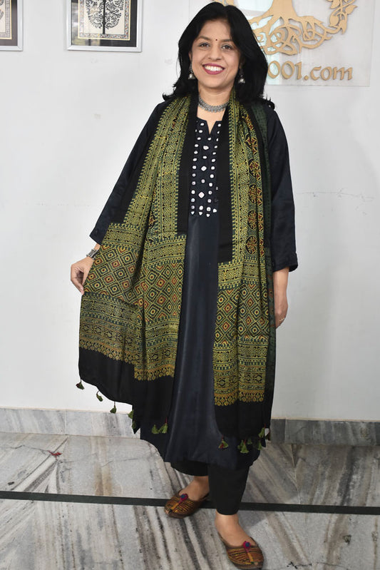 Beautiful Hand Block Printed Ajrakh Modal Silk stole with Tassels