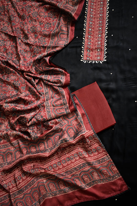 Hand Block print Modal Silk suit with Foil mirrors and Gota Patti Work