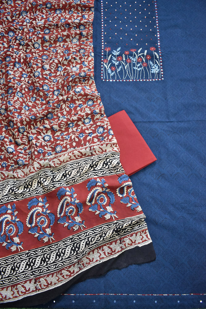 Beautiful  Cotton Unstitched Suit with Neck patch, Intricate Hand Embroidery & Block print Muslin dupatta