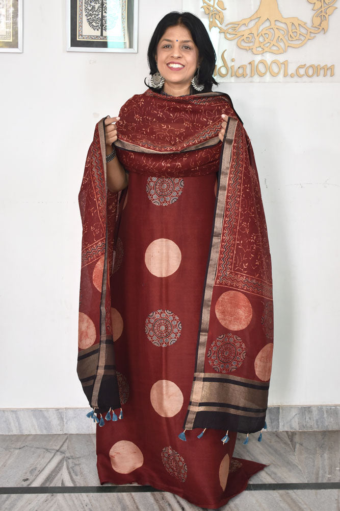 Beautiful Hand Block printed Kutch Ajrakh Chanderi Kurta and Lagdi patta dupatta set