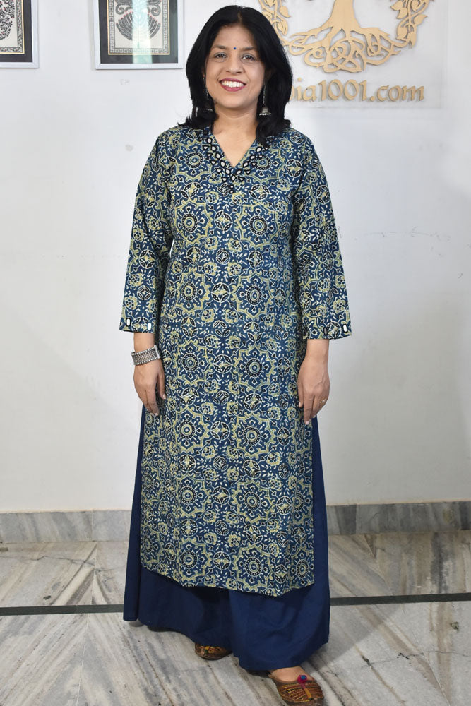 Beautiful Hand Block Printed Ajrakh Cotton kurta with Kutch Mirror work , Size 38 to 50 ( all sizes)