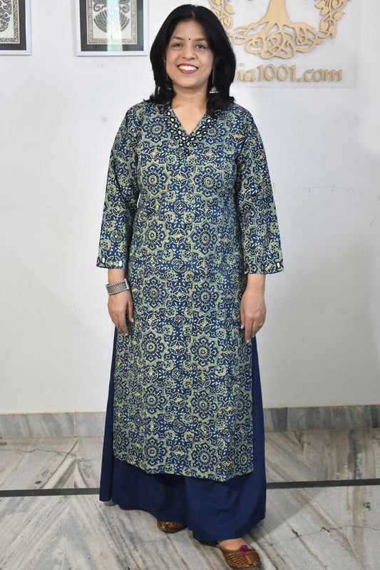 Beautiful Hand Block Printed Ajrakh Cotton kurta with Kutch Mirror work , Size 38 to 50 ( all sizes)