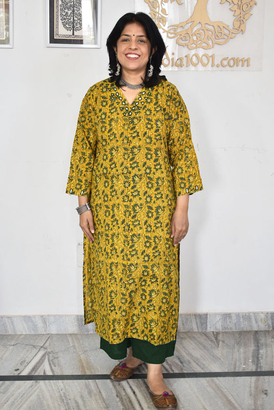 Beautiful Hand Block Printed Ajrakh Cotton kurta with Kutch Mirror work , Size 38 to 50 ( all sizes)