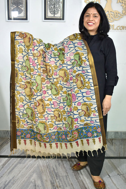 Beautiful Bangalore Cotton Silk Hand Painted Kalamkari Dupatta