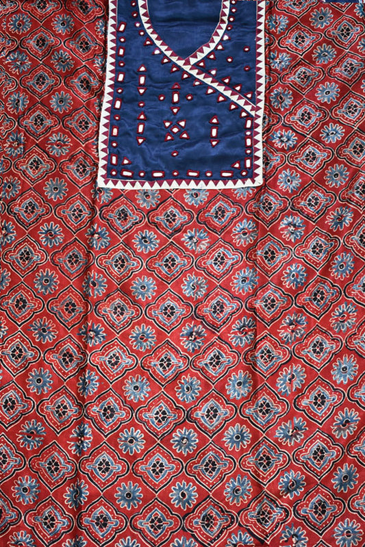 Designer Ajrakh Mashru Kurta Fabric with Kutch Mirror Work patch