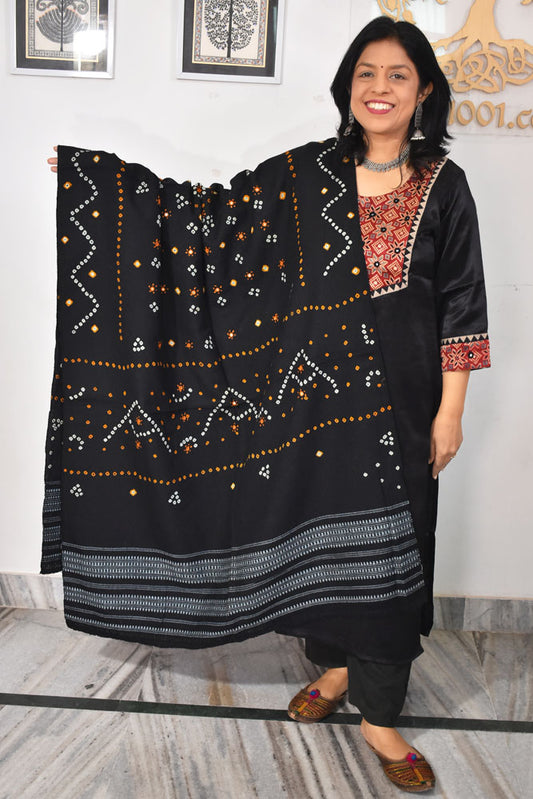 Handwoven Bhujodi Stole / Shawl with Tie Dye Bandhani & Mirror work