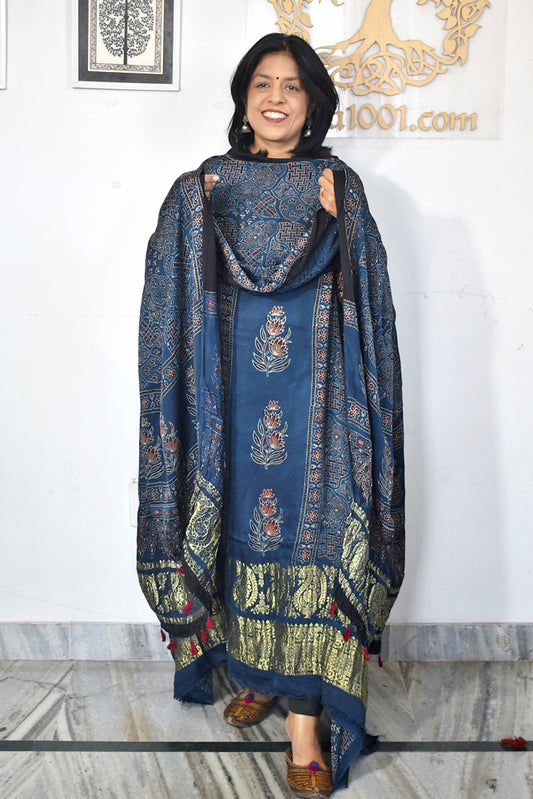 Designer Ajrakh Modal Silk kurta &  dupatta  set with Nakkshi palla