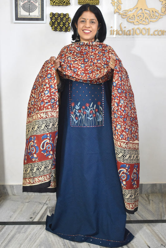 Beautiful  Cotton Unstitched Suit with Neck patch, Intricate Hand Embroidery & Block print Muslin dupatta