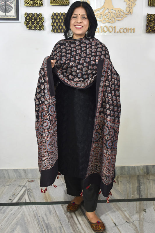 Ajrakh Hand Block Printed Cotton Dupatta with Tassels & natural dyes