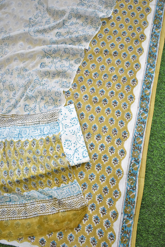 Hand Block Printed Cotton unstitched suit fabric with Chiffon dupatta