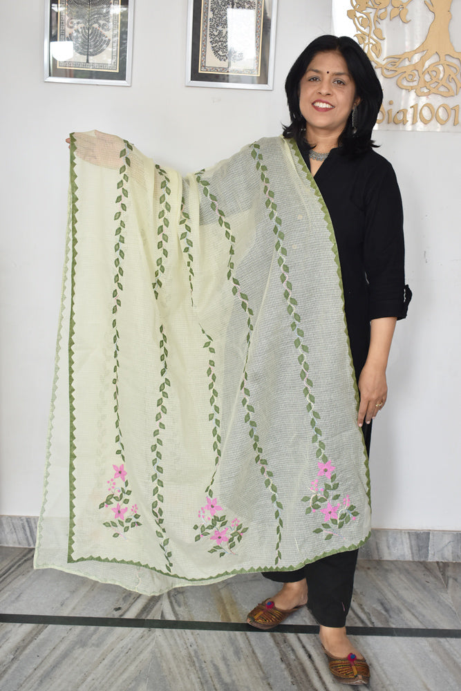 Handcrafted Phool Patti Applique & Hand Crochet work Kota cotton dupatta