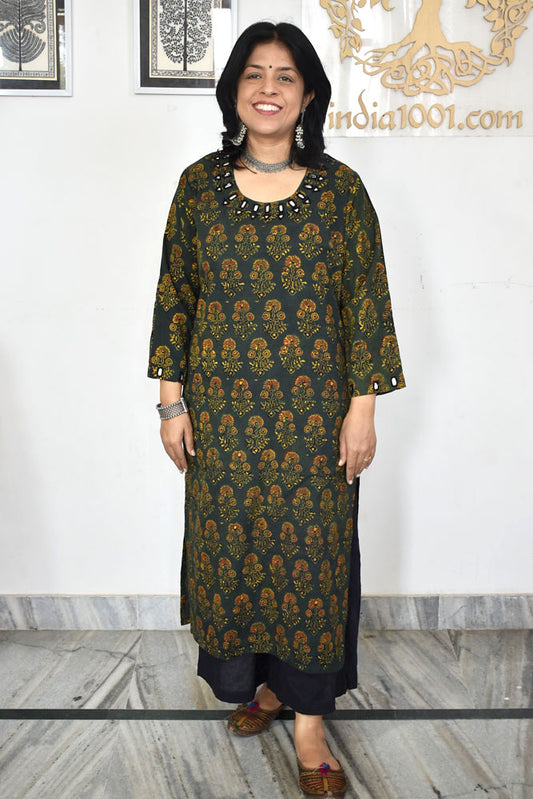 Beautiful Hand Block Printed Ajrakh Cotton  kurta with Kutch Mirror work , Size 38 to 50 ( all sizes)