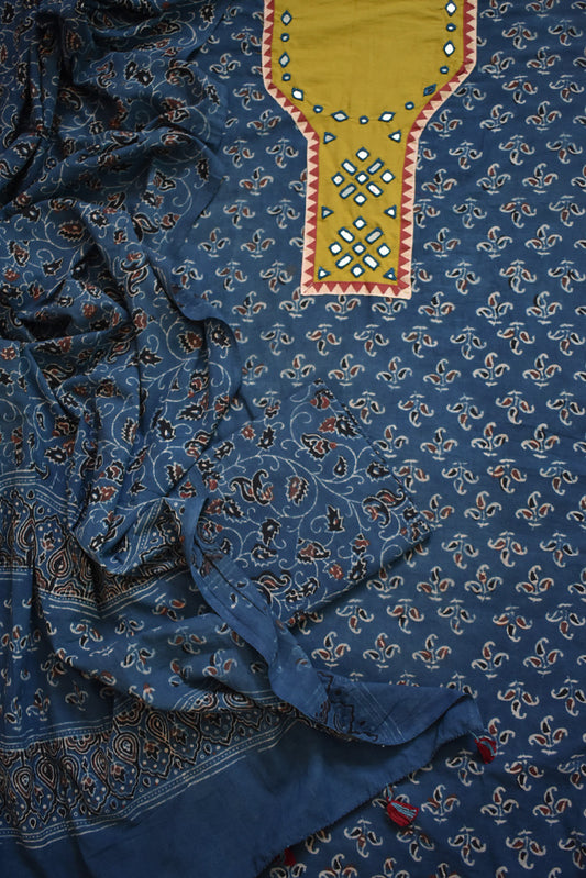 Hand Block Print Ajrakh Cotton Suit with designer brush paint &  Kutch Mirror work