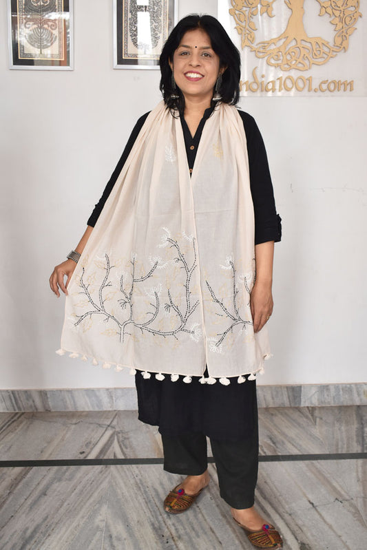 Beautiful Soft Cotton Voile Stole with Kantha work & hand embroidery & tassels