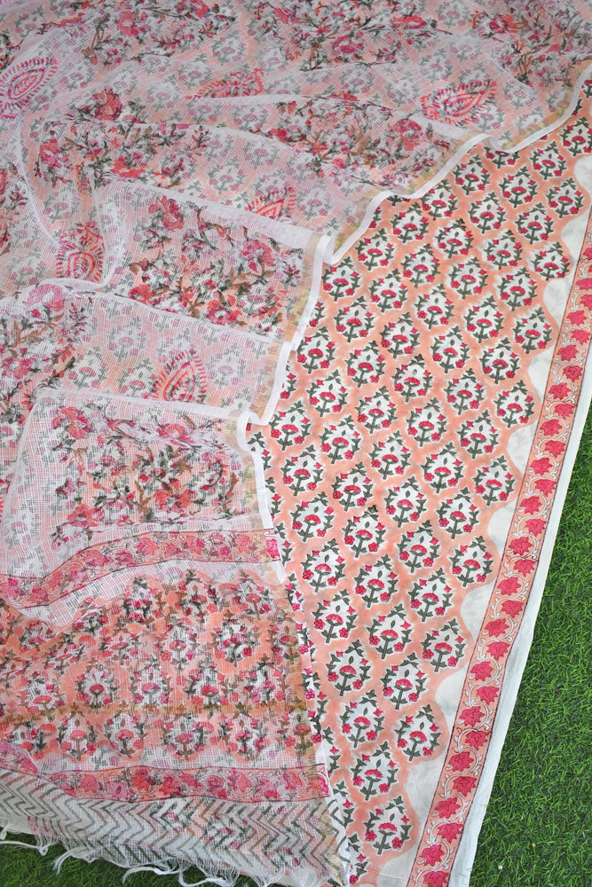 Beautiful Hand Block Printed Cotton unstitched suit fabric with Kota Doria Dupatta