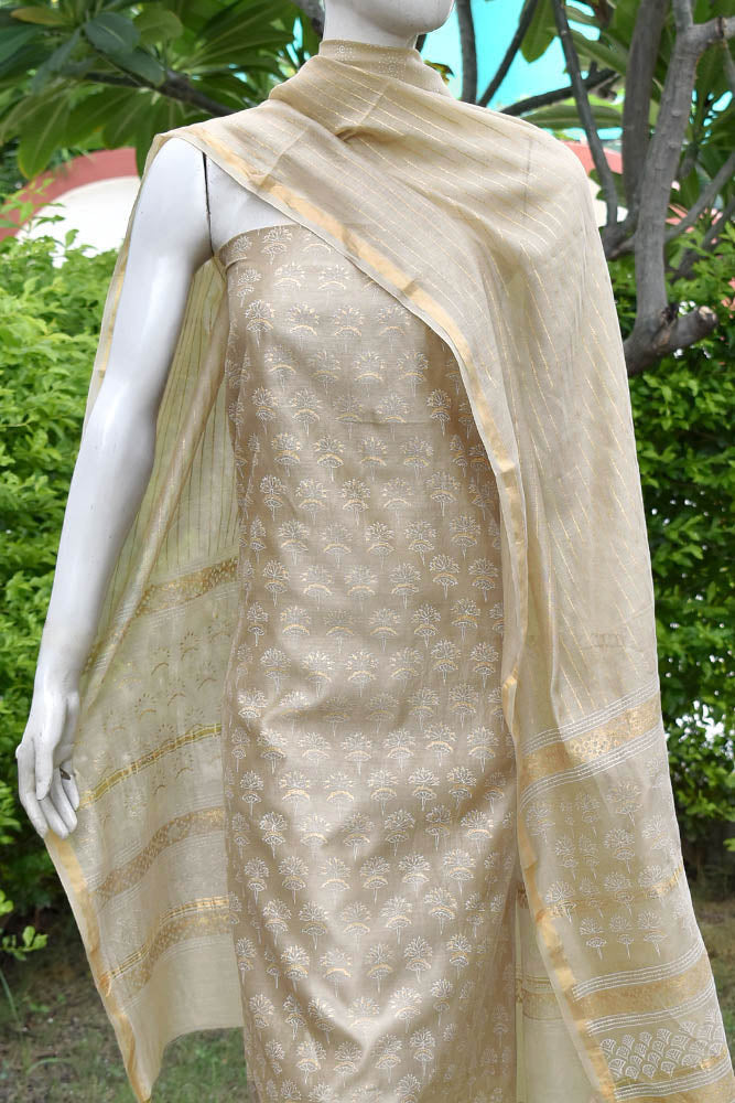 Elegant Khadi (gold)  Hand Block Printed Chanderi unstitched suit fabric