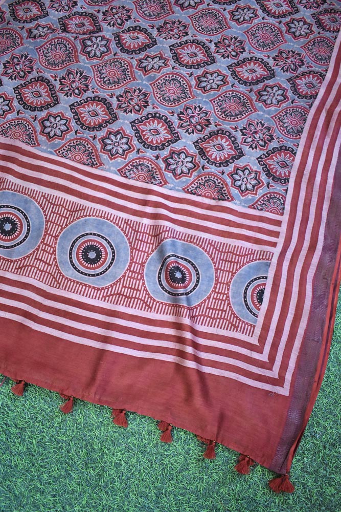 Ajrakh Hand Block Printed Maheshwari cotton silk dupatta