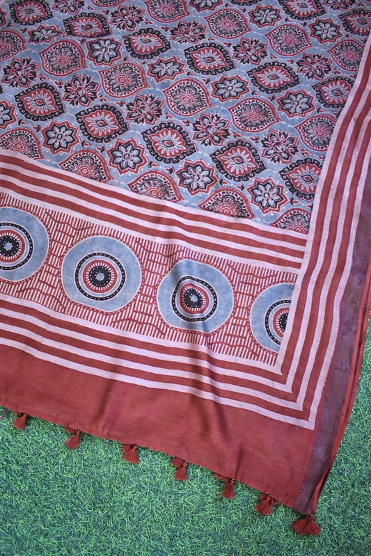 Ajrakh Hand Block Printed Maheshwari cotton silk dupatta