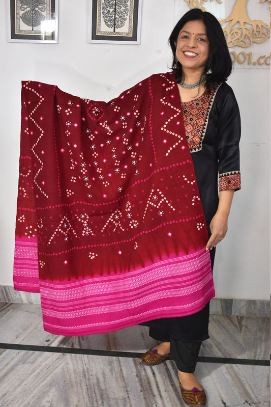 Handwoven Bhujodi Stole / Shawl with Tie Dye Bandhani & Mirror work