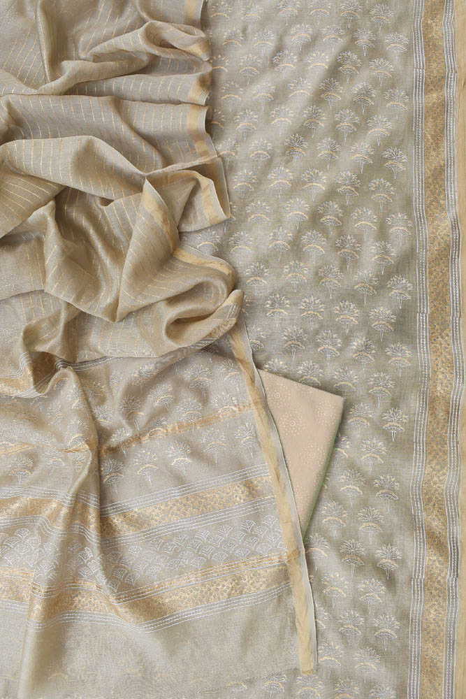 Elegant Khadi (gold)  Hand Block Printed Chanderi unstitched suit fabric