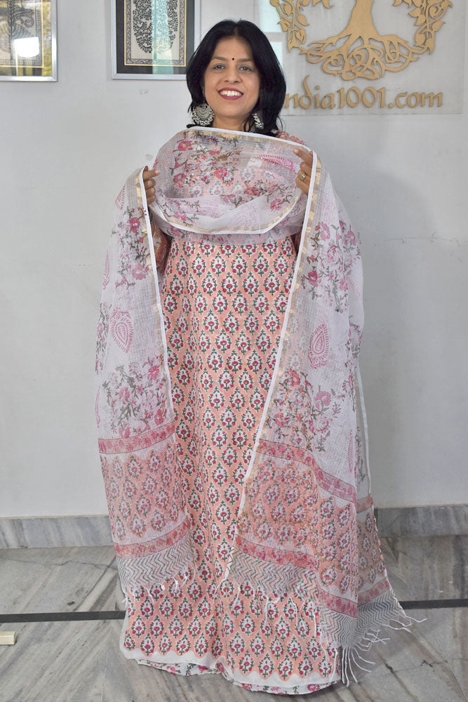 Beautiful Hand Block Printed Cotton unstitched suit fabric with Kota Doria Dupatta