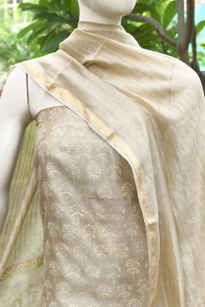 Elegant Khadi (gold)  Hand Block Printed Chanderi unstitched suit fabric