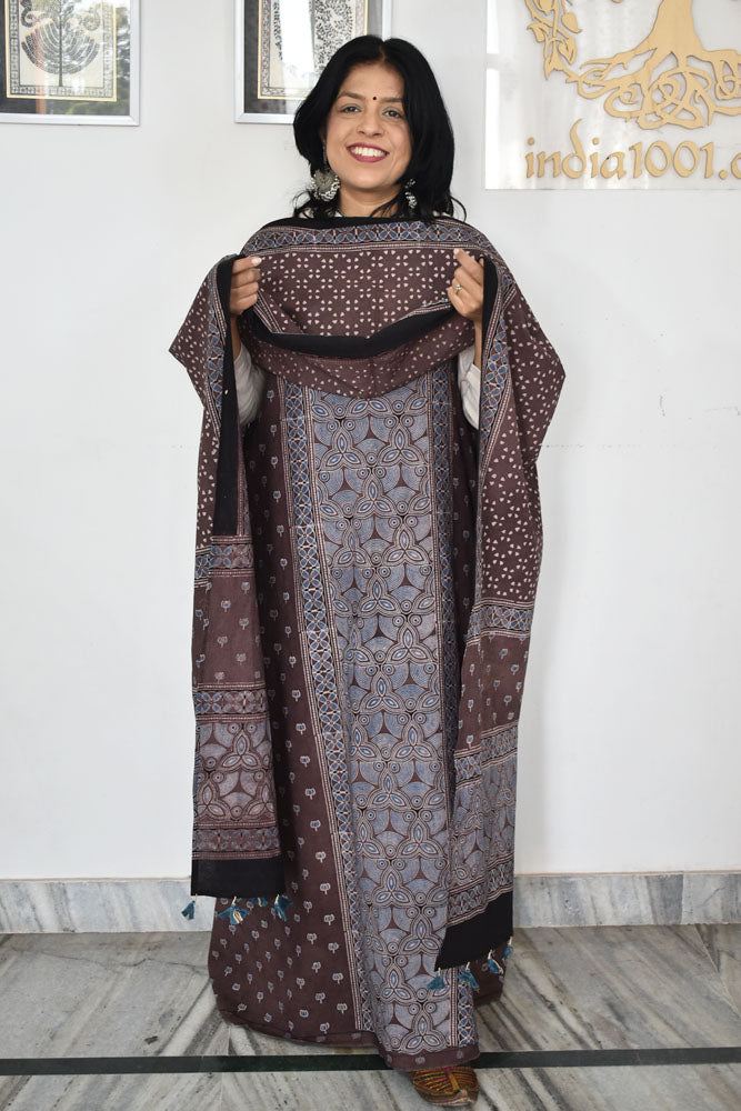 Block Print Ajrakh Cotton Suit with designer Ajrakh neck yoke /panel & Long Stole