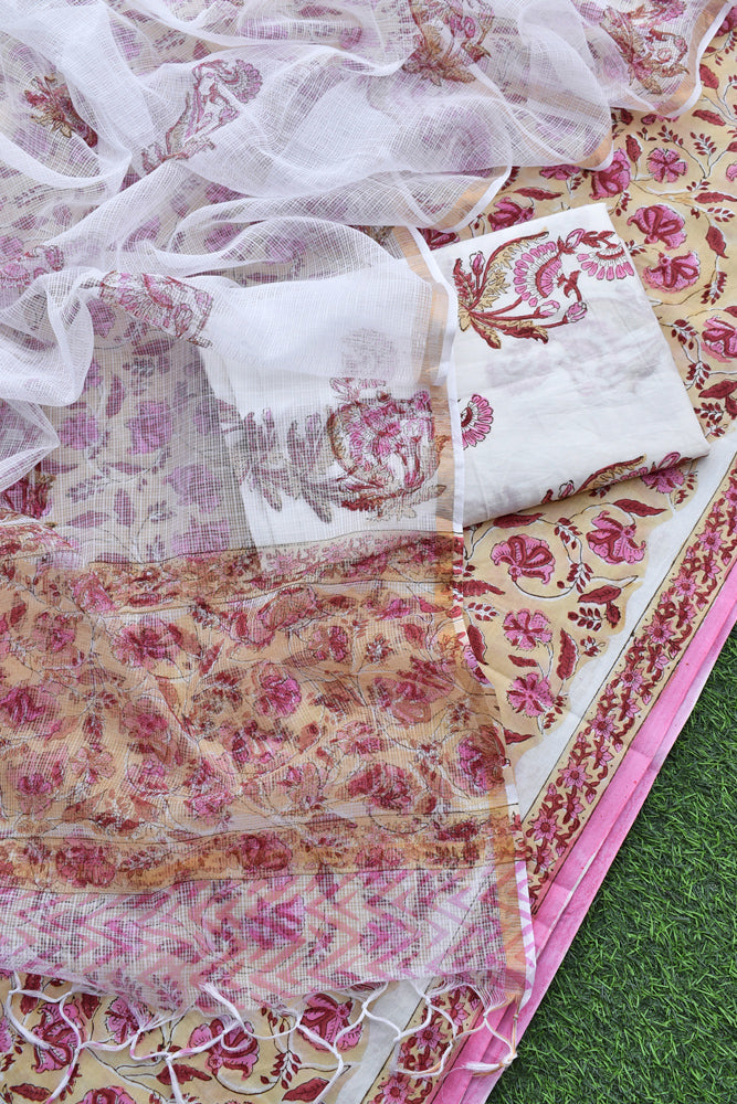 Beautiful Hand Block Printed Cotton unstitched suit fabric with Kota Doria Dupatta