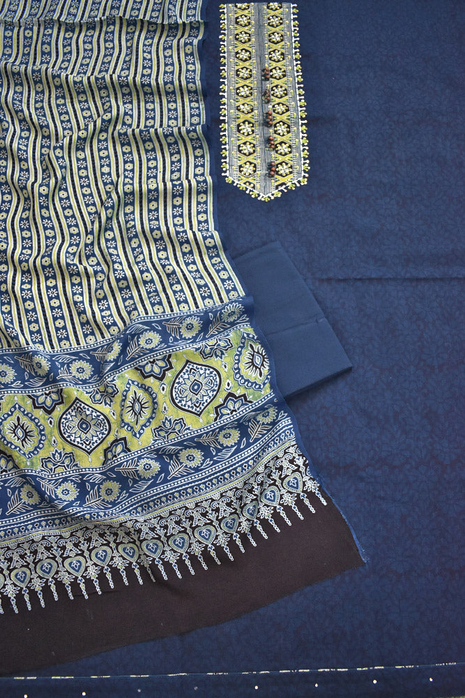 Beautiful  Cotton Unstitched Suit with Neck patch, Intricate Hand Embroidery & Block print Muslin dupatta