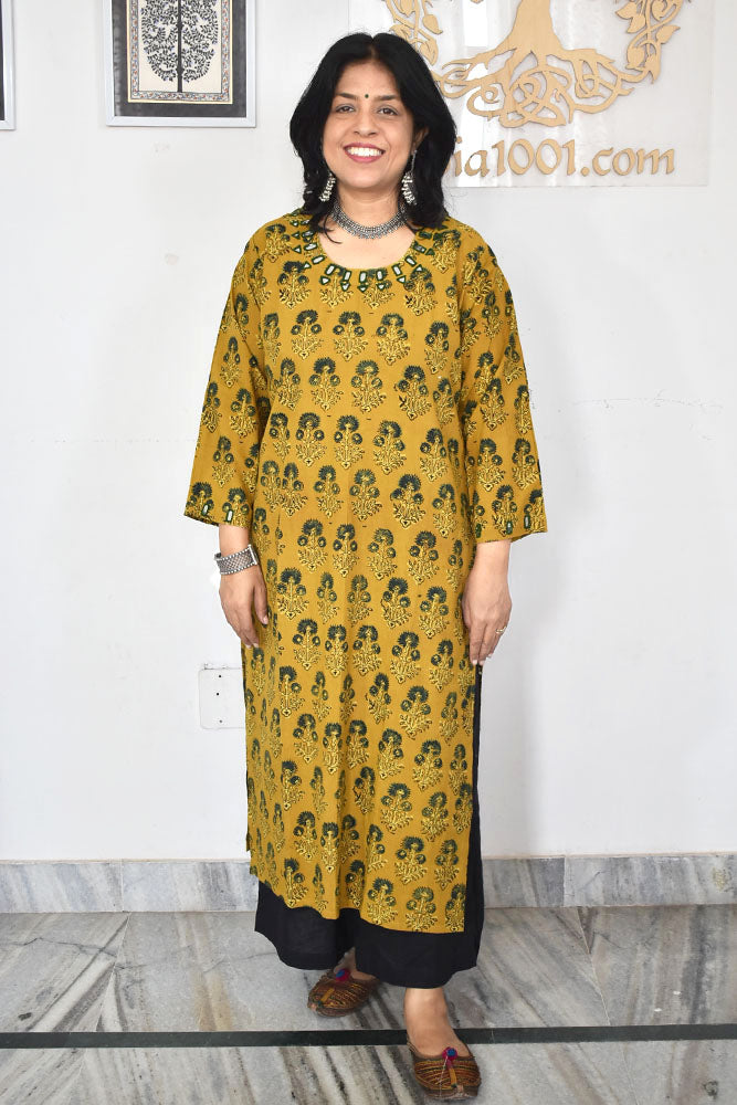 Beautiful Hand Block Printed Ajrakh Cotton kurta with Kutch Mirror work , Size 38 to 50 ( all sizes)