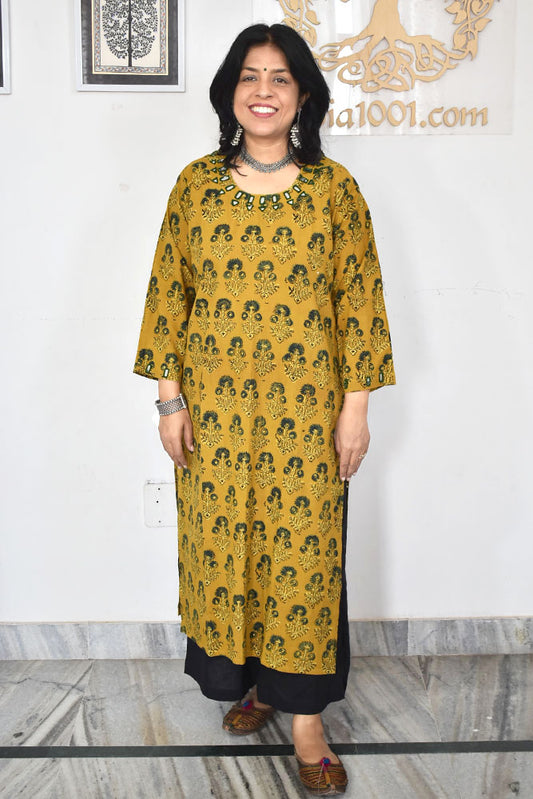 Beautiful Hand Block Printed Ajrakh Cotton kurta with Kutch Mirror work , Size 38 to 50 ( all sizes)