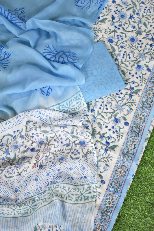 Sanganer Hand Block Printed Cotton unstitched suit fabric with Soft Cotton dupatta