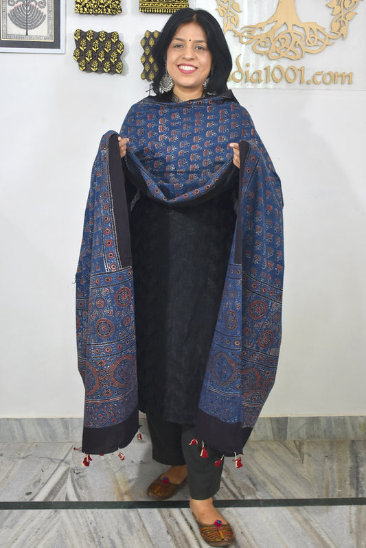 Ajrakh Hand Block Printed Cotton Dupatta with Tassels & natural dyes