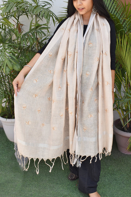 Pure Linen dupatta with embroidery