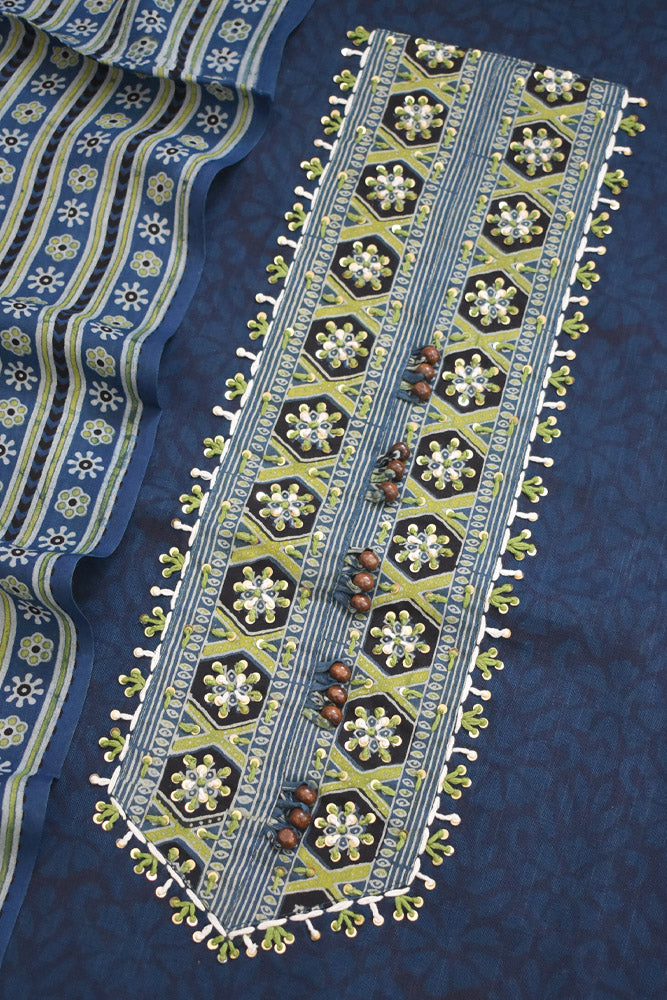 Beautiful  Cotton Unstitched Suit with Neck patch, Intricate Hand Embroidery & Block print Muslin dupatta