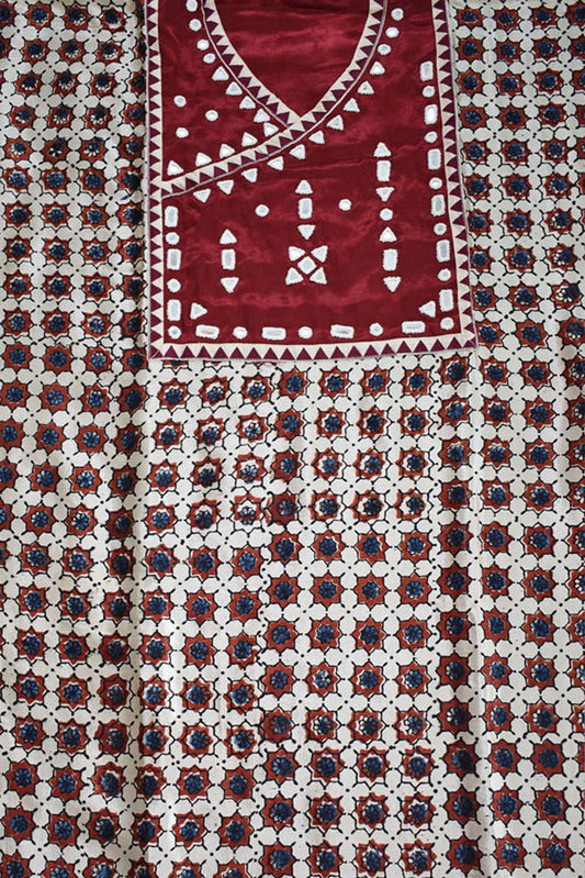 Designer Ajrakh Mashru Kurta Fabric with Kutch Mirror Work patch