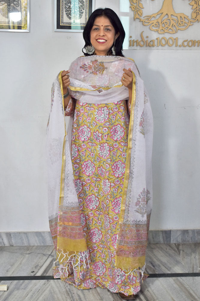 Beautiful Hand Block Printed Cotton unstitched suit fabric with Kota Doria Dupatta