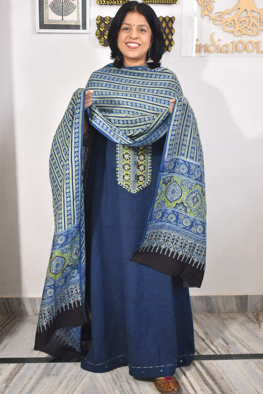 Beautiful  Cotton Unstitched Suit with Neck patch, Intricate Hand Embroidery & Block print Muslin dupatta